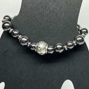 Good Works Gray Gunmetal Beaded Stretch Bracelet "Blessed" Charm